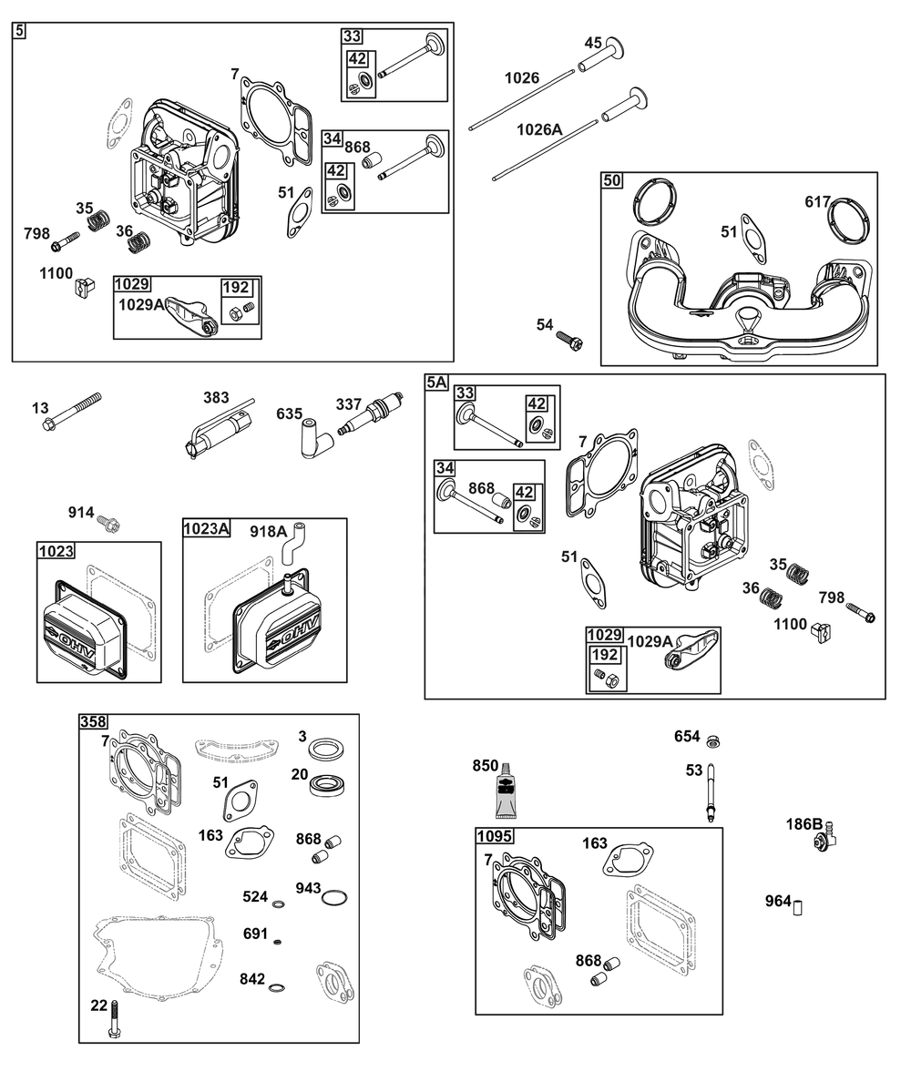 Cylinder Head Group Diagram and Parts List for 44U877-0016-B5 400000 - 699999 Briggs and Stratton Engine